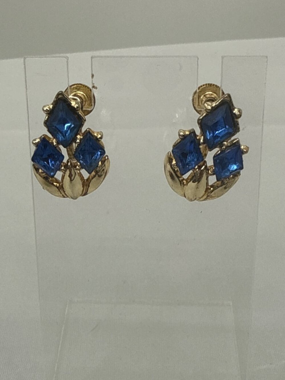 Vintage MCM Royal Blue Rhinestone Screw Back Earrings Gold Tone Grandmacore